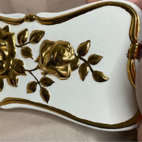 Vintage Jamar Mallory Ceramic Trinket Jewelry Box Gold Trim Roses - Picture 8 of 15